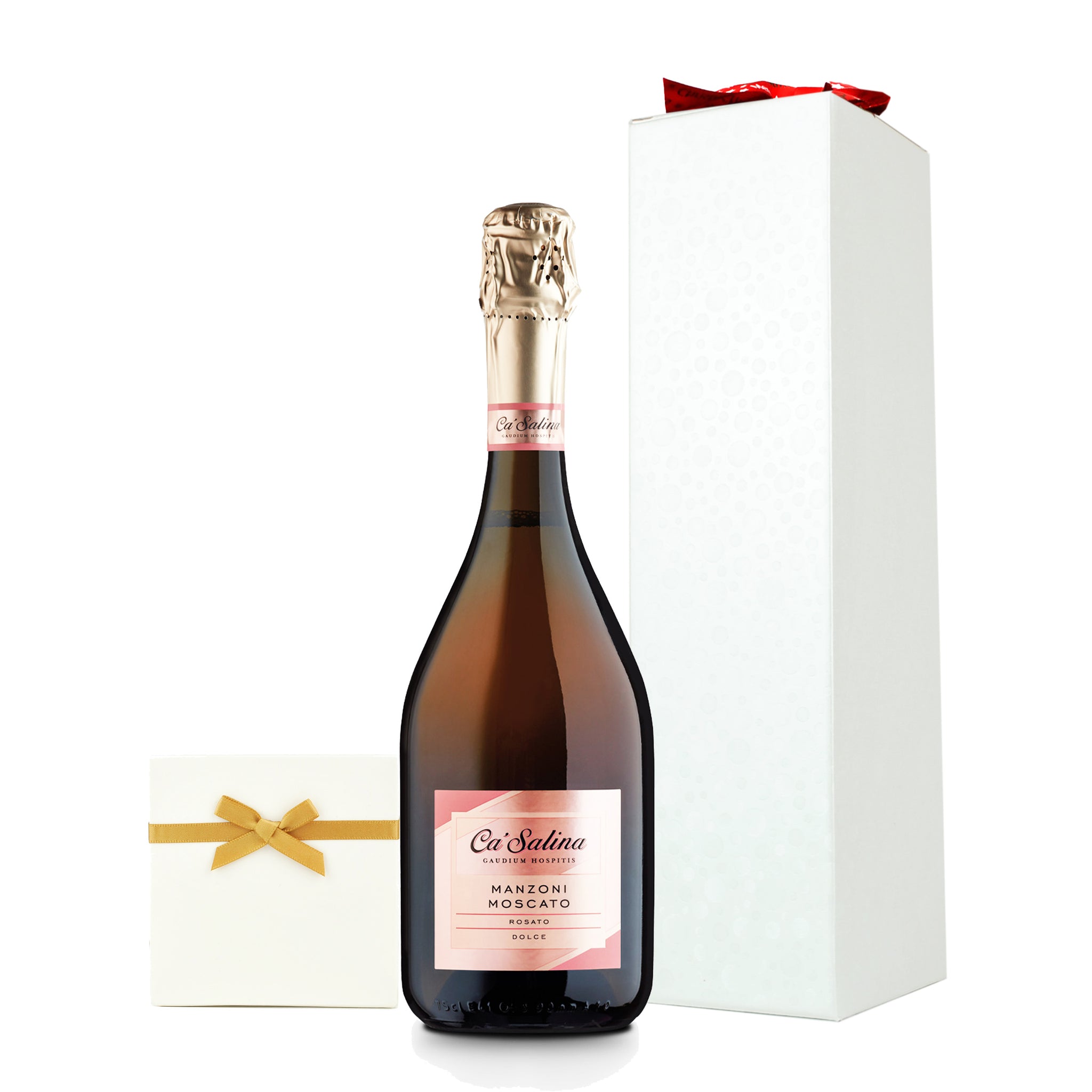 Ca'Salina Sparkling Pink Moscato with Chocolate Truffles in an Ivory Gift Box and Christmas Bow