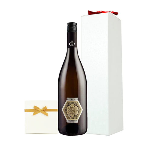 Furlan Prosecco DOC Frizzante and Truffles in a ivory gift box and Christmas bow