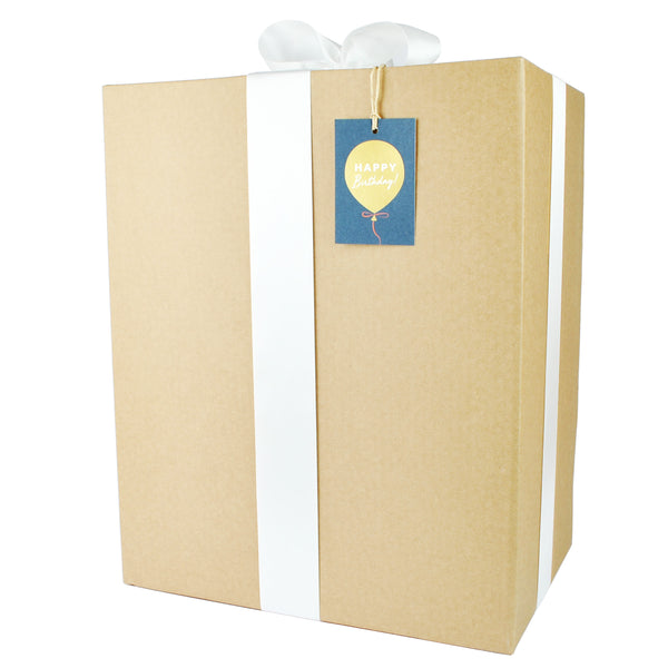 Happy Birthday packaging for our Prosecco Tasting Box with birthday tag and satin ribbon