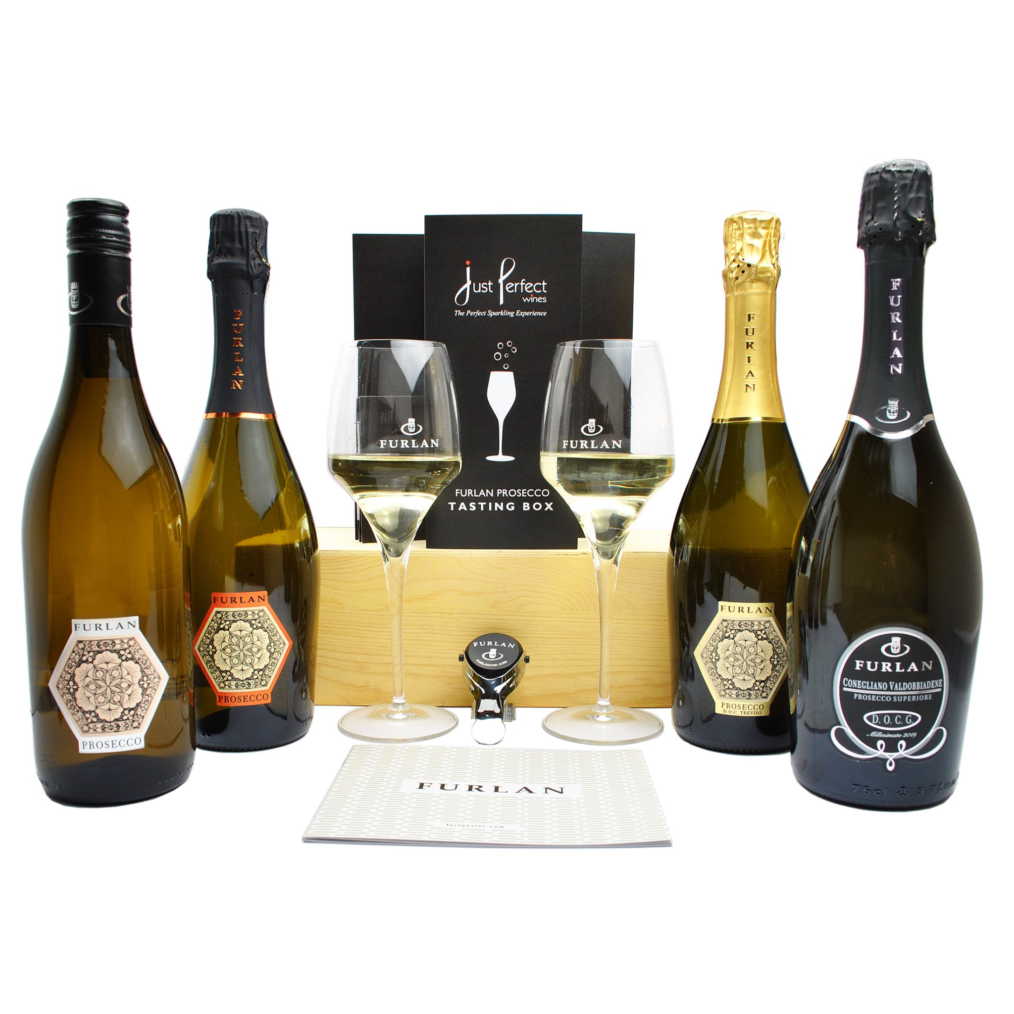 Furlan Prosecco Tasting Box including 4 Prosecco, Prosecco Glasses, Prosecco Stopper  and Tasting Guide Gift Set Box